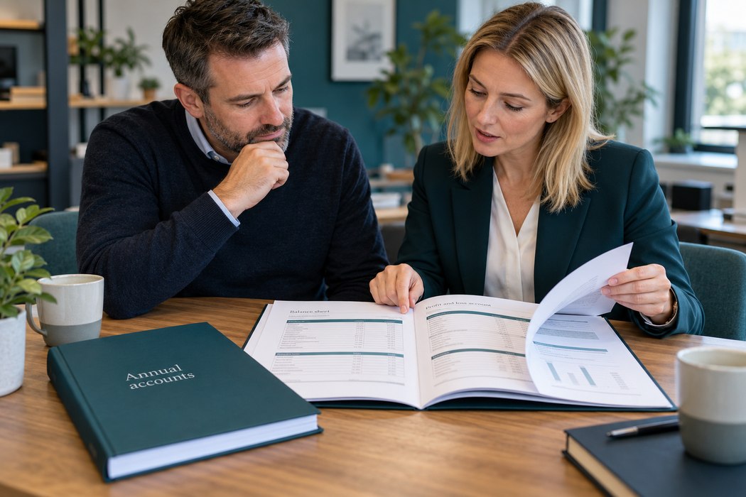 An accountant and business owner reviewing annual company accounts