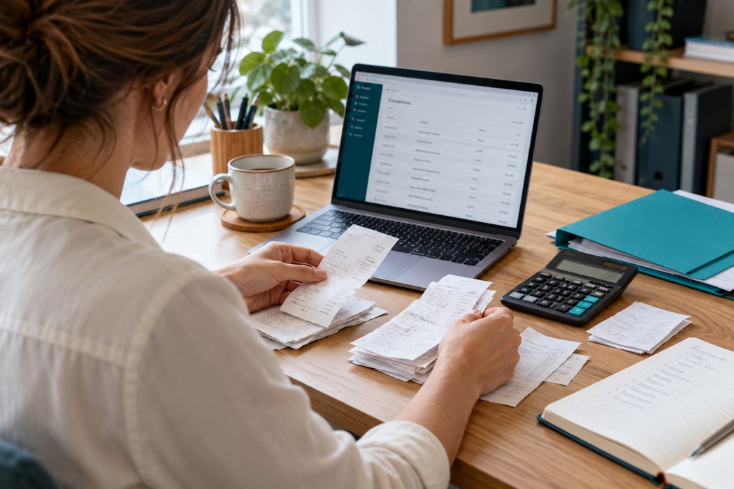 A bookkeeper sorting receipts beside a laptop and calculator
