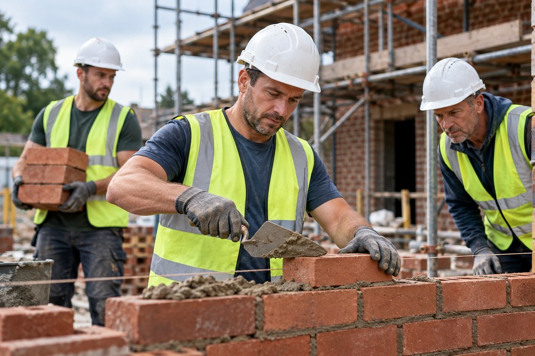Builders in unbranded hard hats and high-visibility vests laying bricks on a construction site