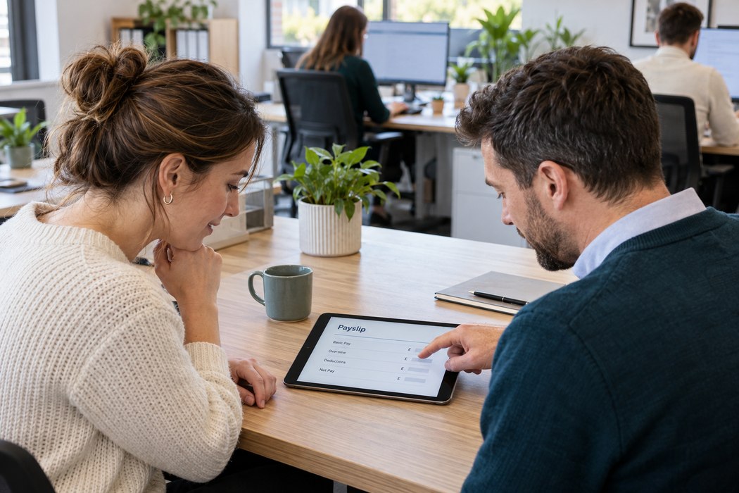 An employee and payroll administrator reviewing a payslip on a tablet lying screen-up on a desk