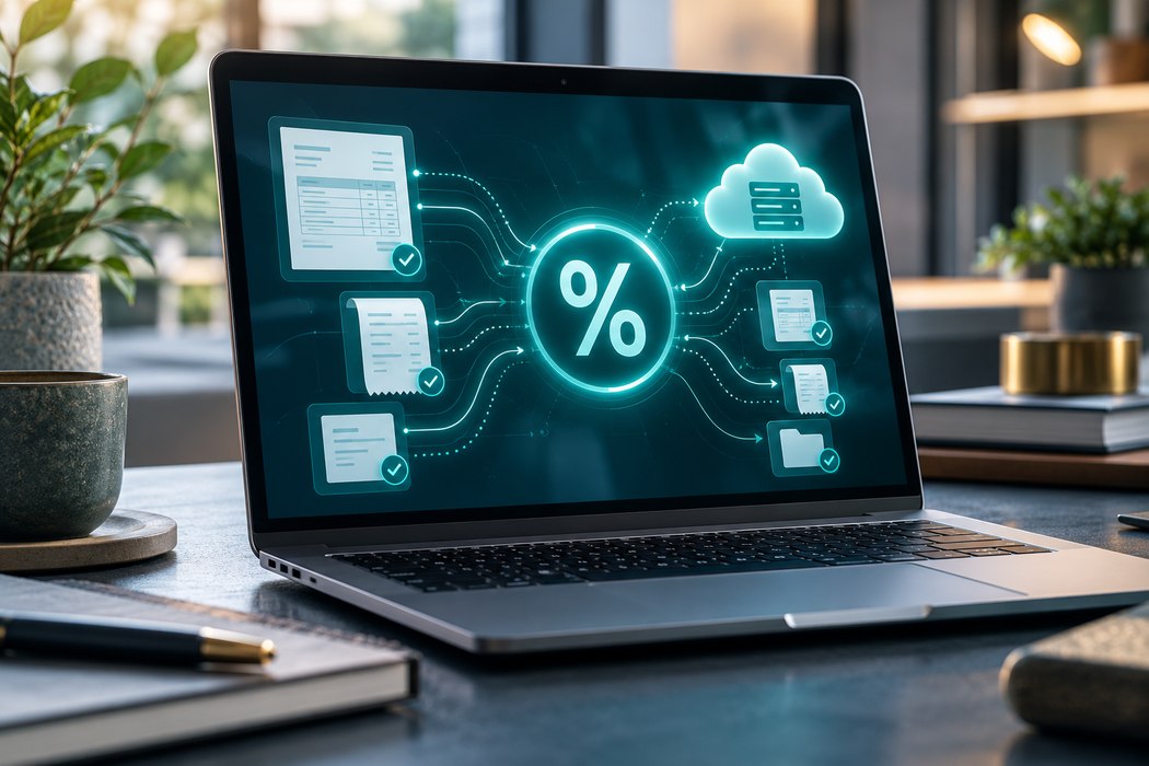 A digital VAT concept connecting electronic invoices, a percent symbol and cloud records